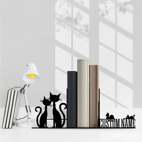 Glowneon Personalized Couple Cats Black Bookend Metal, Book Nook Sign