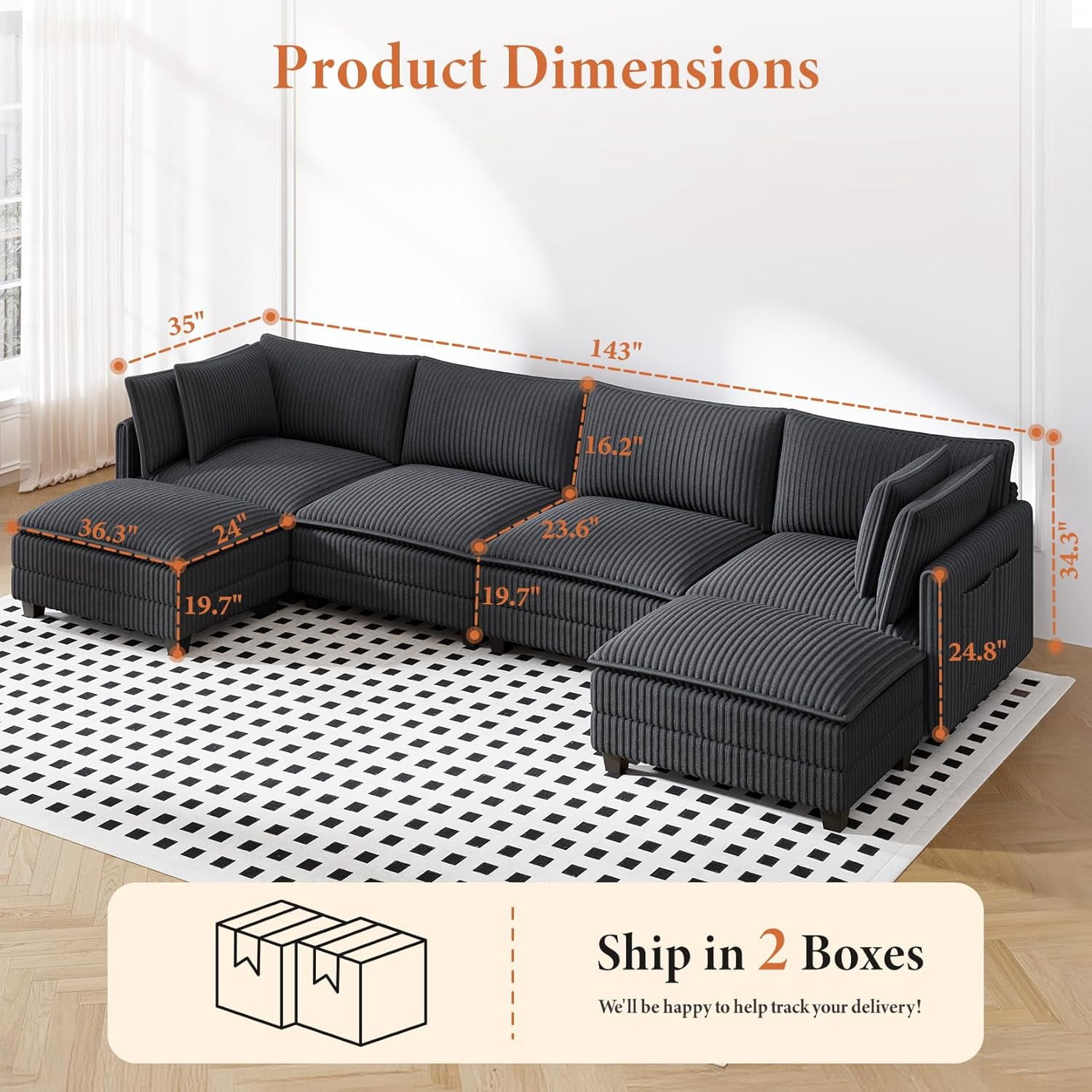 Neche 143" U Shaped Sectional Modular Couch, Comfy Corduroy Upholstered Modular Cloud Sofas for Living Room, Modern Sectional Sofa with 2 Ottoman Deep Seat, Dark Grey