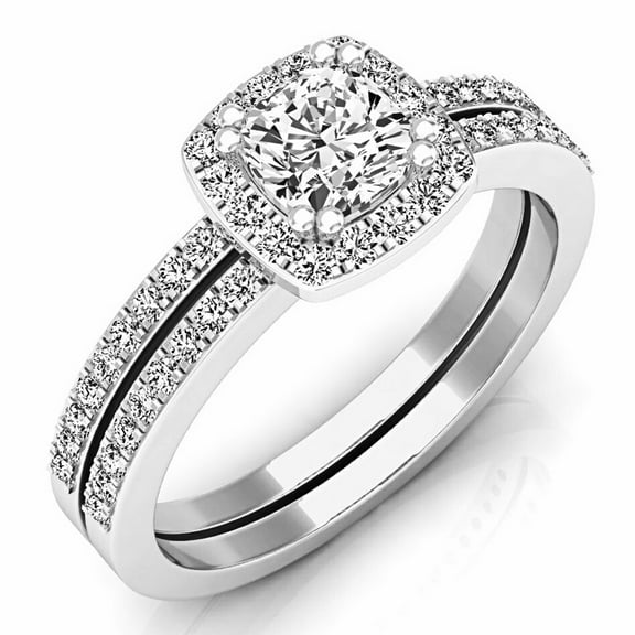 Dazzlingrock Collection 0.90 Carat (ctw) 14K Cushion & Round Diamond Halo Bridal Engagement Ring Set, White Gold, Size 6