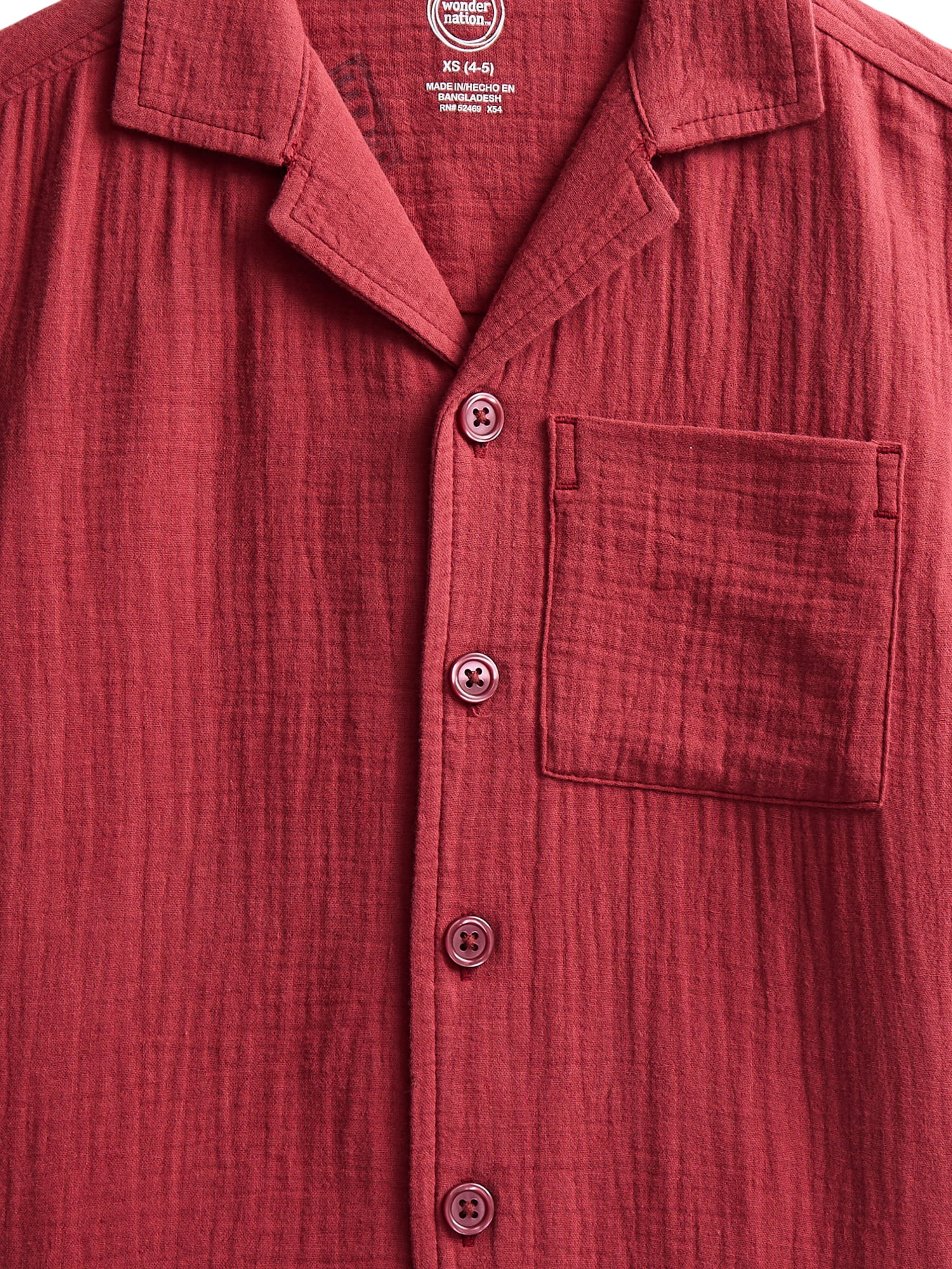 Wonder Nation Boys' Cotton Gauze Button Front Shirt with Short Sleeves, Sizes 4-18 & Husky