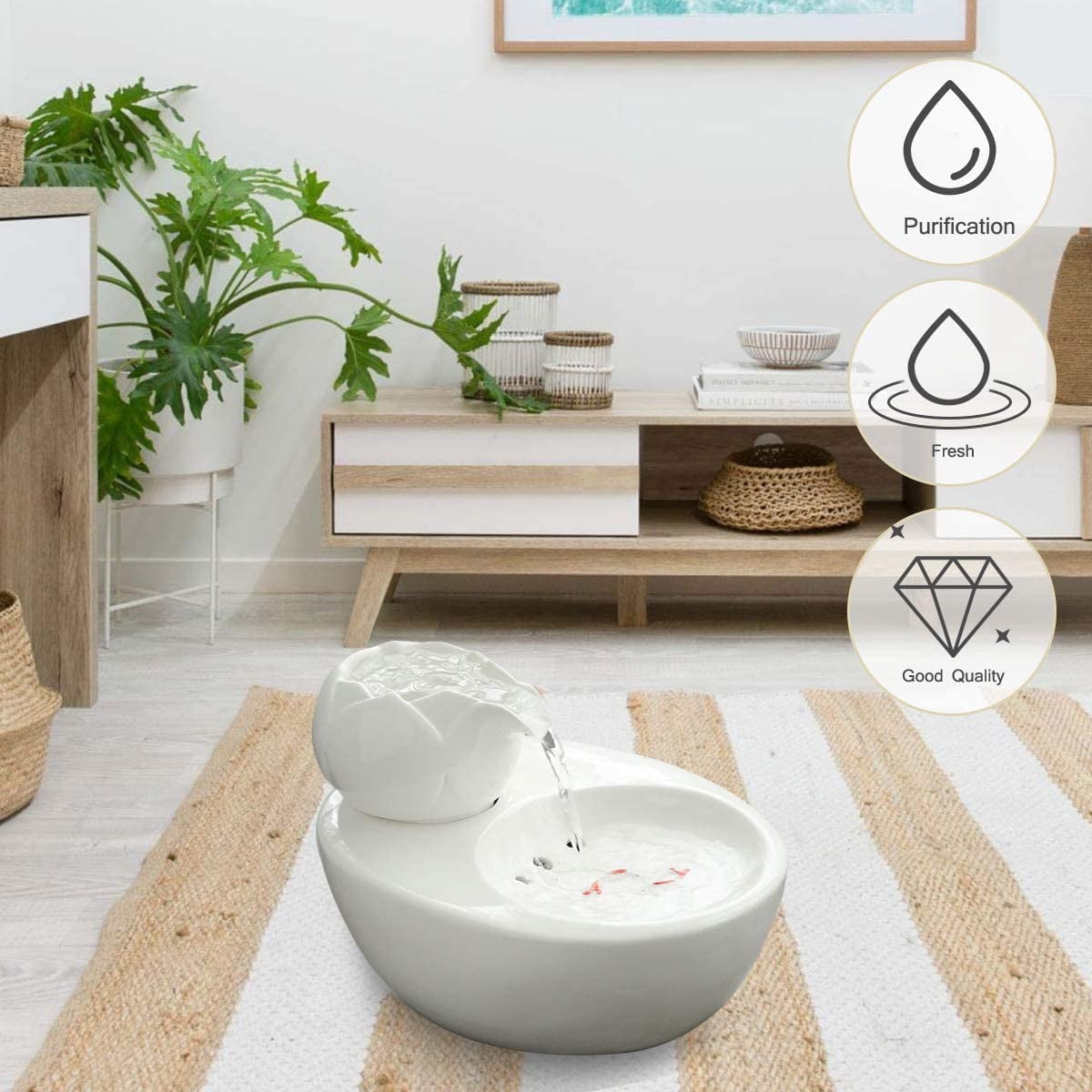 Walbest Lotus Cat Water Fountain, Automatic Ceramic Drinking Fountain for Pets, 8.1" x 6.6" x 5.4" USB Water Capacity (White)