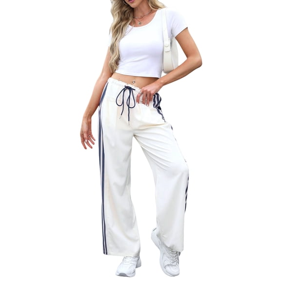 Women'S Wide Leg Pants Drawstring High Rise Side Striped Slouchy Palazzo Pants with Pockets Beige Blue Edge L
