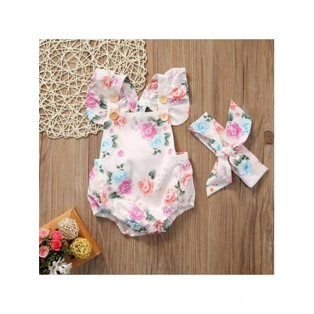 

2pcs Flower Newborn Baby Girls Jumpsuit Romper Bodysuit+ Headband Outfits Set