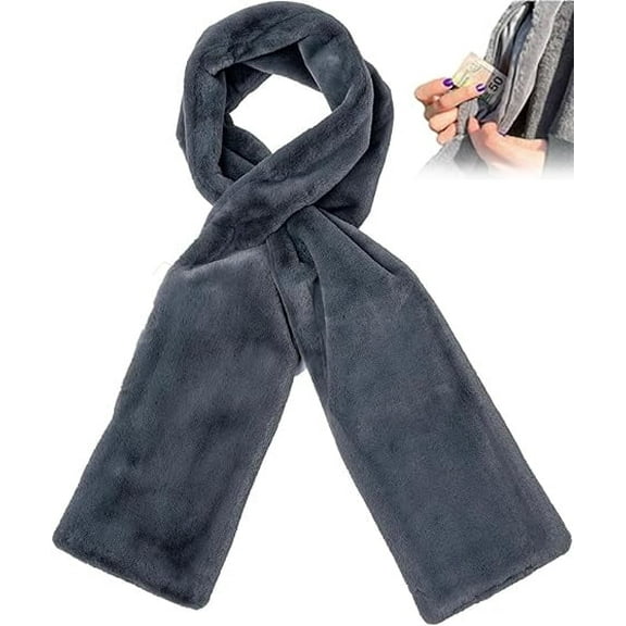 Soft Fur Scarf with Hidden Zipper Pocket, Soft Cozy Warm Pocket Scarf for Hands-Free Storage Phone, Valuables (Gray)