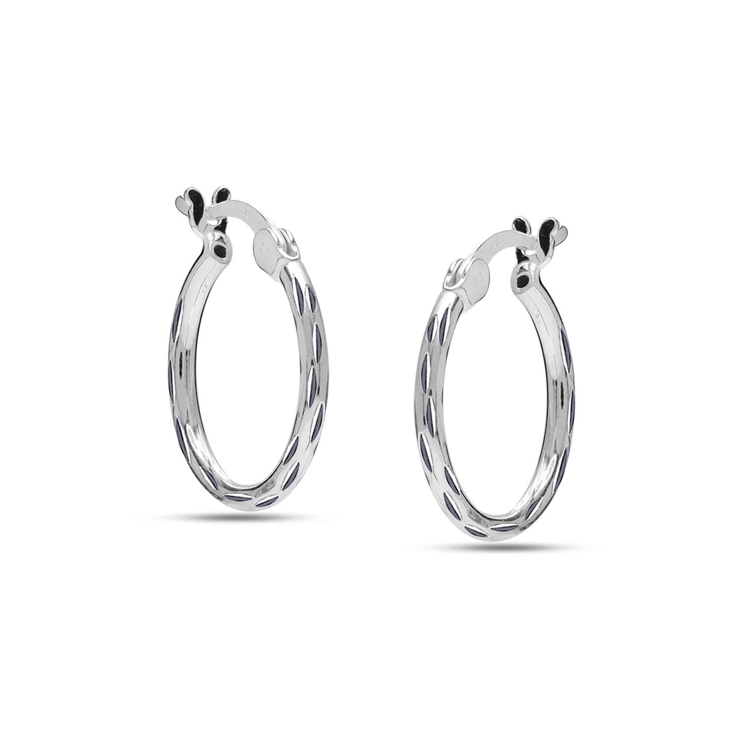 LeCalla 925 Sterling Silver Hoop Earrings for Women | Small Classic Diamond-Cut Textured Hoops Earring | Womens Click-Top Earring Hoop 15MM
