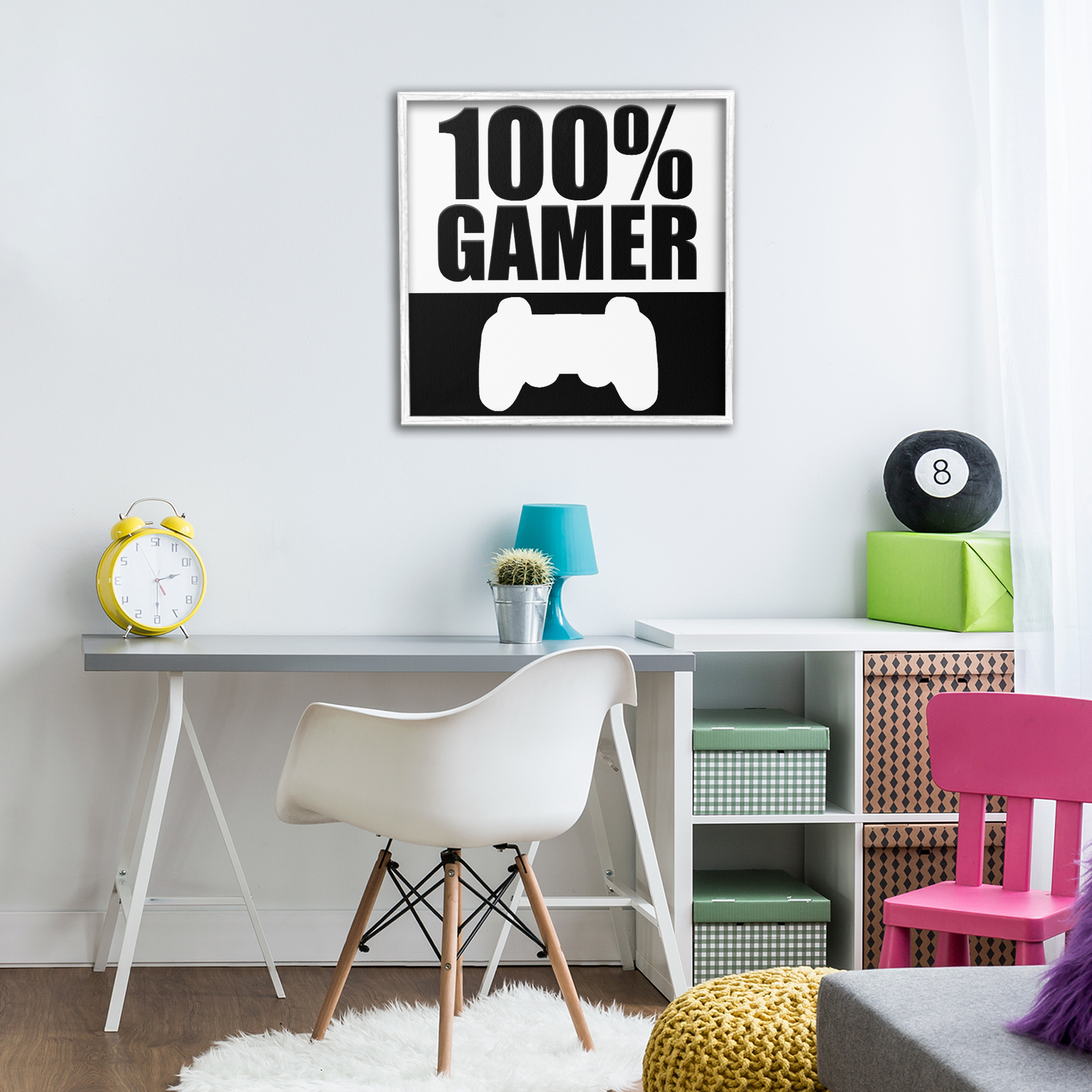 100% Gamer Black & White White Framed Giclee Art, design by Kim Allen