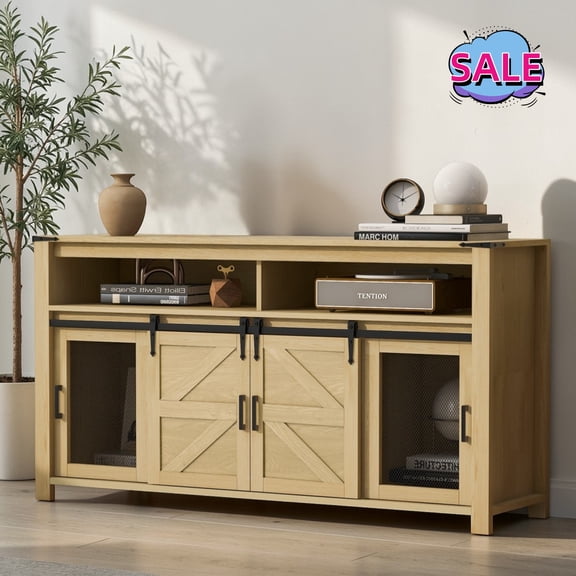 Hassch Farmhouse Sideboard Buffet Cabinet with Storage, 59.3" Kitchen Cabinet with Sliding Barn Door and Mesh Doors, Credenza with Open Storage Shelves, Coffee Bar Cabinet, Natural