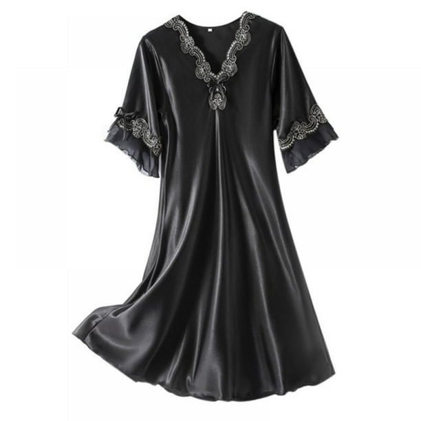 Women's Charming Satin Nightgowns Silk Sleepshirt Lace Sleep Dress Long