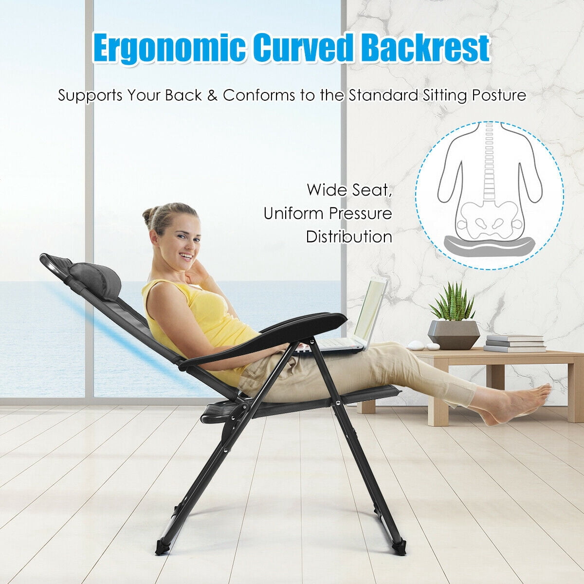 Gymax 4PC Folding Chairs Adjustable Reclining Chairs with Headrest Patio Garden Grey