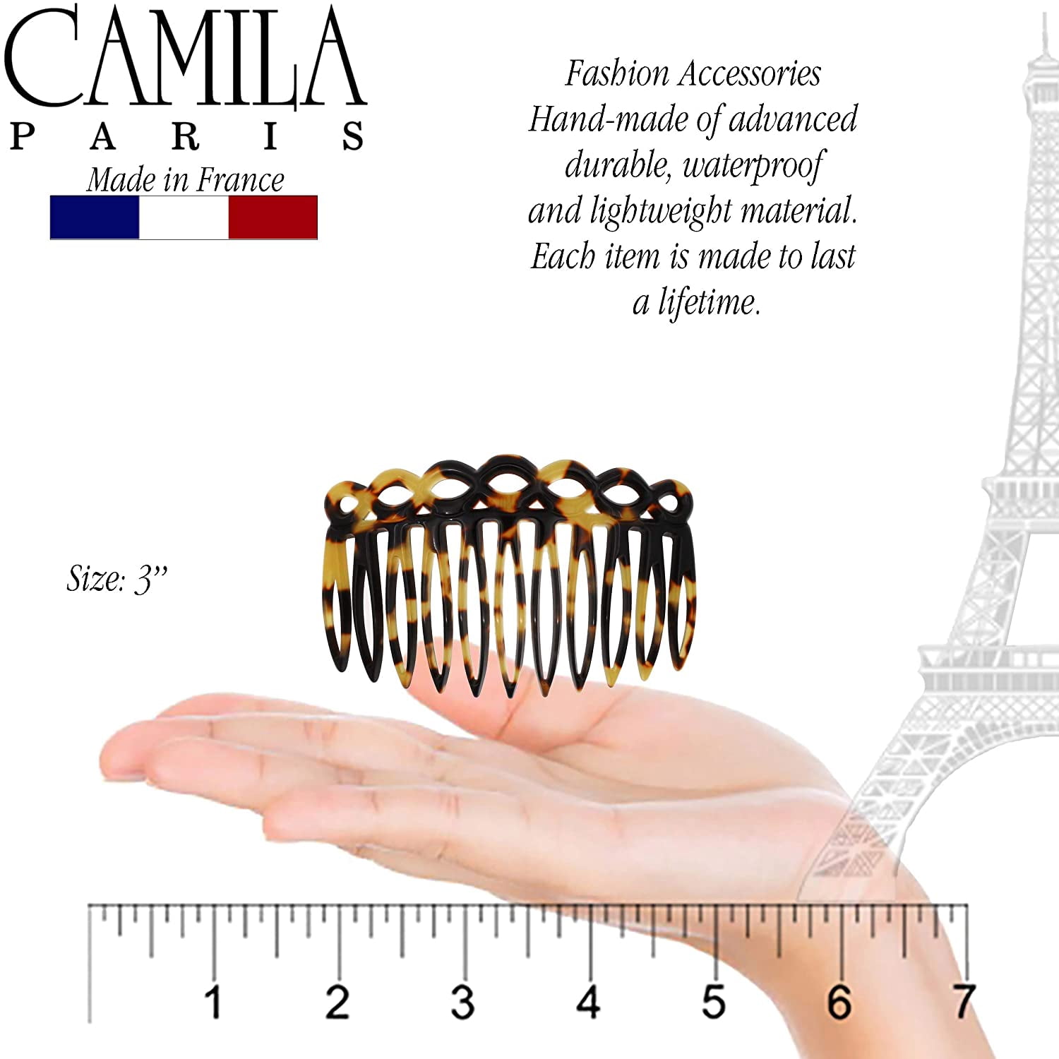 Camila Paris CP3142 French Hair Side Comb Small Handmade White French Twist Hair Combs Decorative, Strong Hold Hair Clips for Women Bun Chignon Up-Do Styling Girls Hair Accessories, Made in France