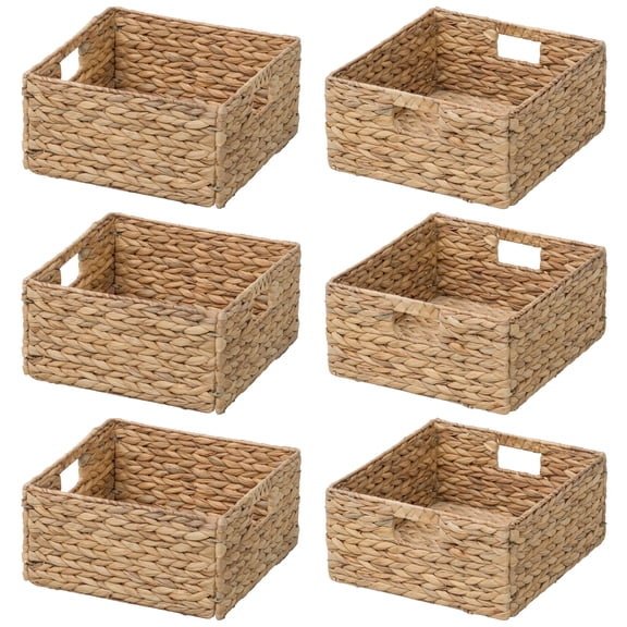 eHemco Large Square Woven Hyacinth Wicker Pantry Storage Baskets with Iron Wire Frame, 12"x12"x6", Natural, Set of 6