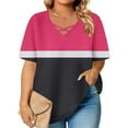 thumbnail image 6 of YanHoo Womens Summer Tops Criss Cross V Neck Short Sleeve Shirts Loose Casual Dressy Blouses Striped Color Block Printed Plus Size Tshirts Hot Pink,XXXXXL, 6 of 7