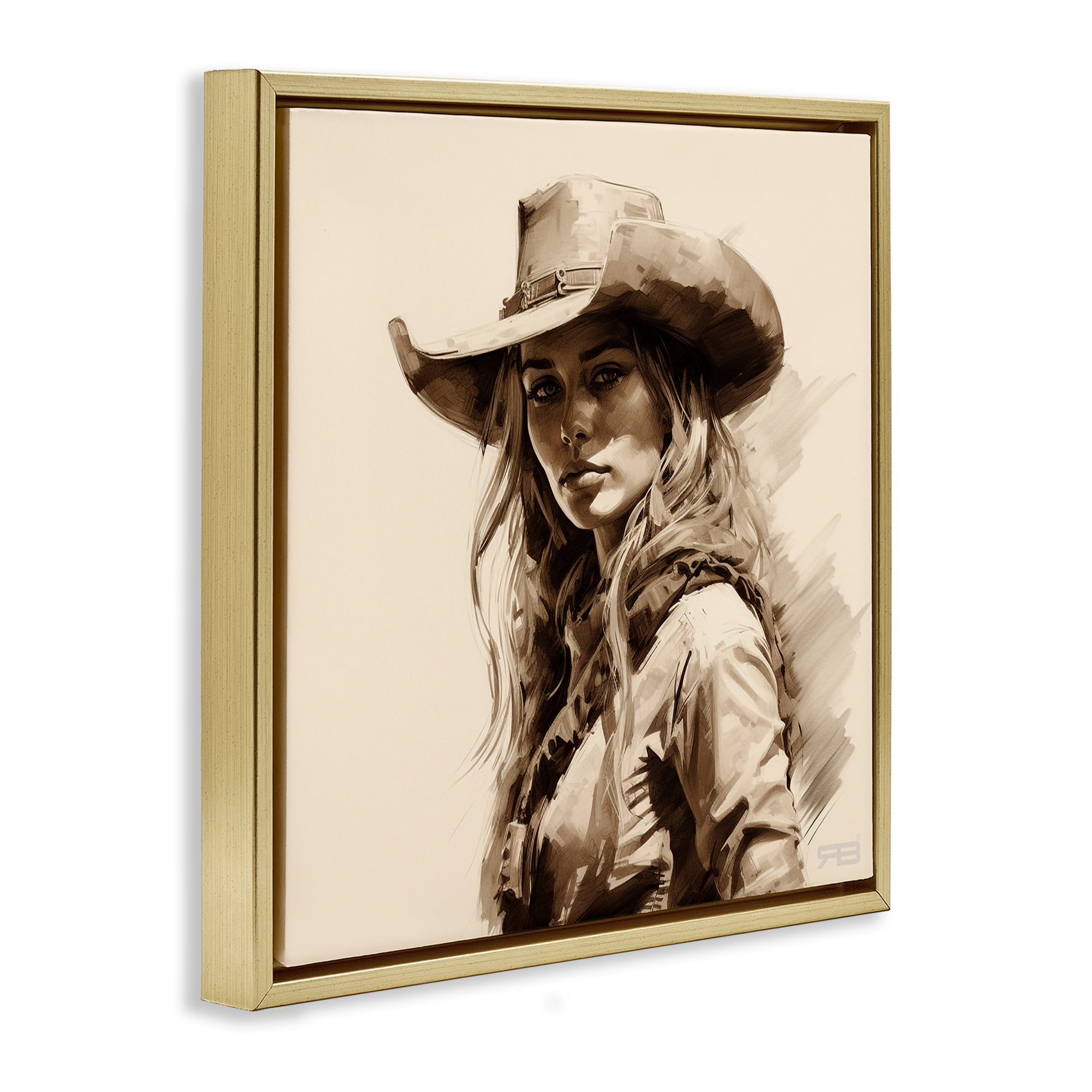 Stupell Industries Western Cowgirl Gaze People Painting Gold Floater Framed Canvas Art Print Wall Art, 18 x 18
