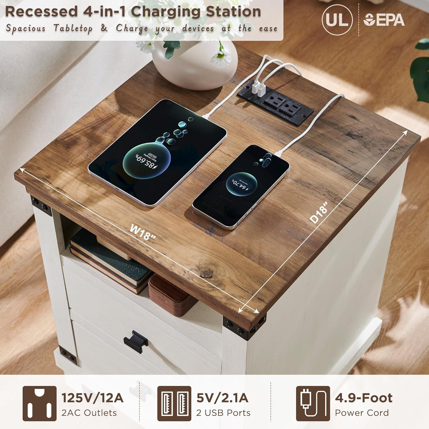 OKD Farmhouse 18" Nightstand with Charging Station, Rustic Metal Wood End Tables with Adjustable Shelves, Side Tables，Antique White