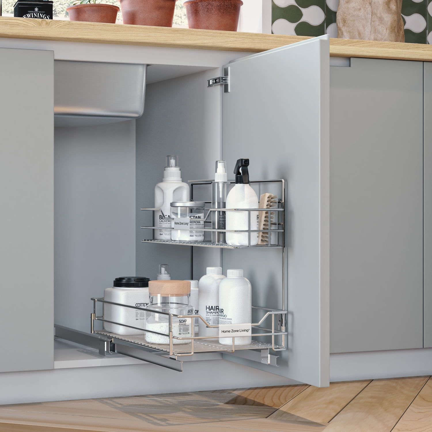 2 Tier Expandable Adjustable Under Sink Shelf Organizer Unit Kitchen Shelves New 