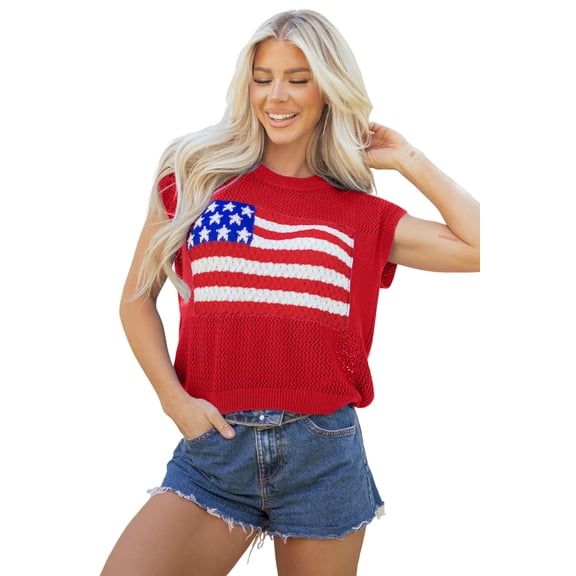 Women's Fiery Red Flag Knit Sweater Top - Short Sleeve Casual Summer Round Neck, XL