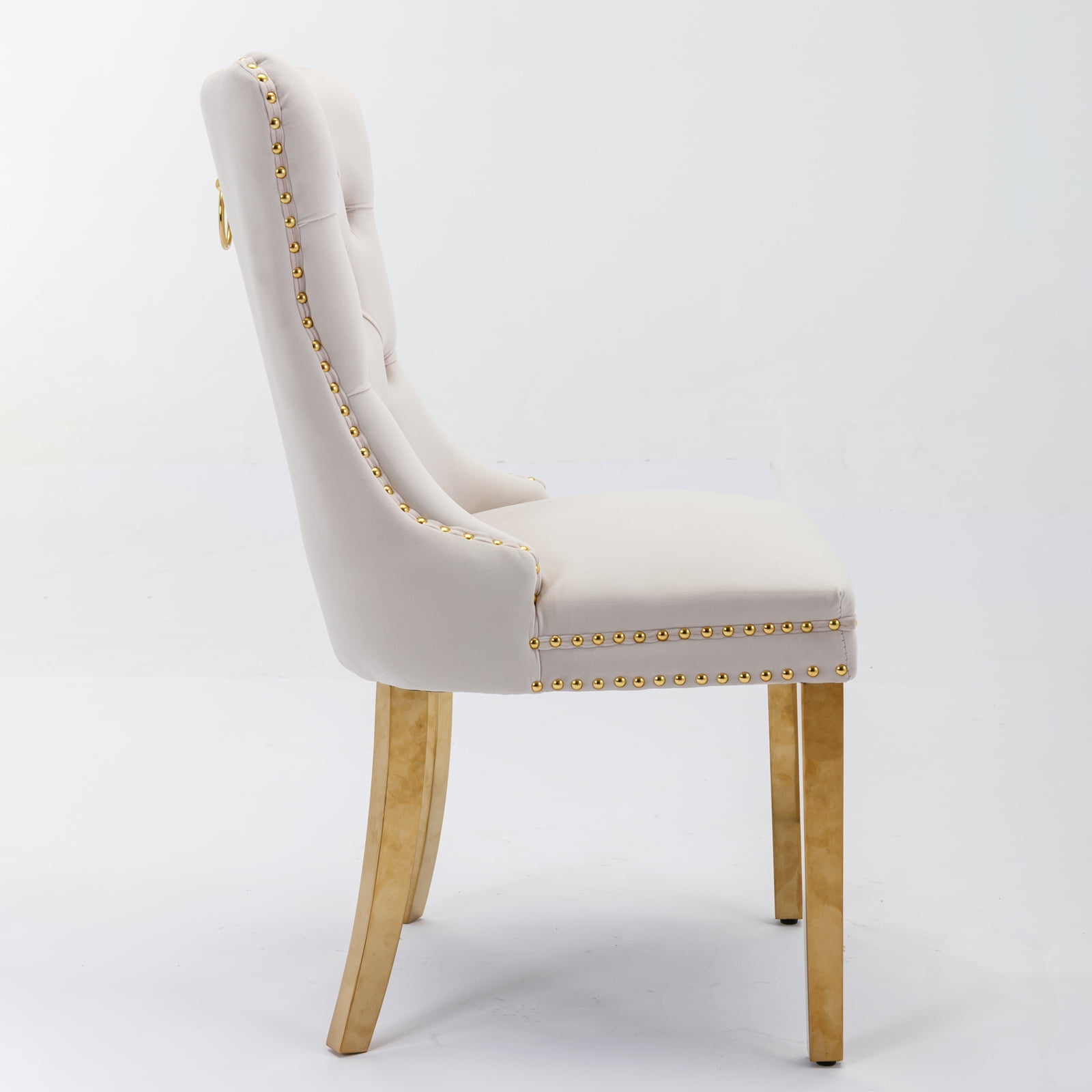 High-end Tufted Solid Wood Contemporary Velvet Upholstered Dining Chair with Golden Stainless Steel Plating Legs,Nailhead Trim,Set of 2,Beige and Gold, SW1601BG