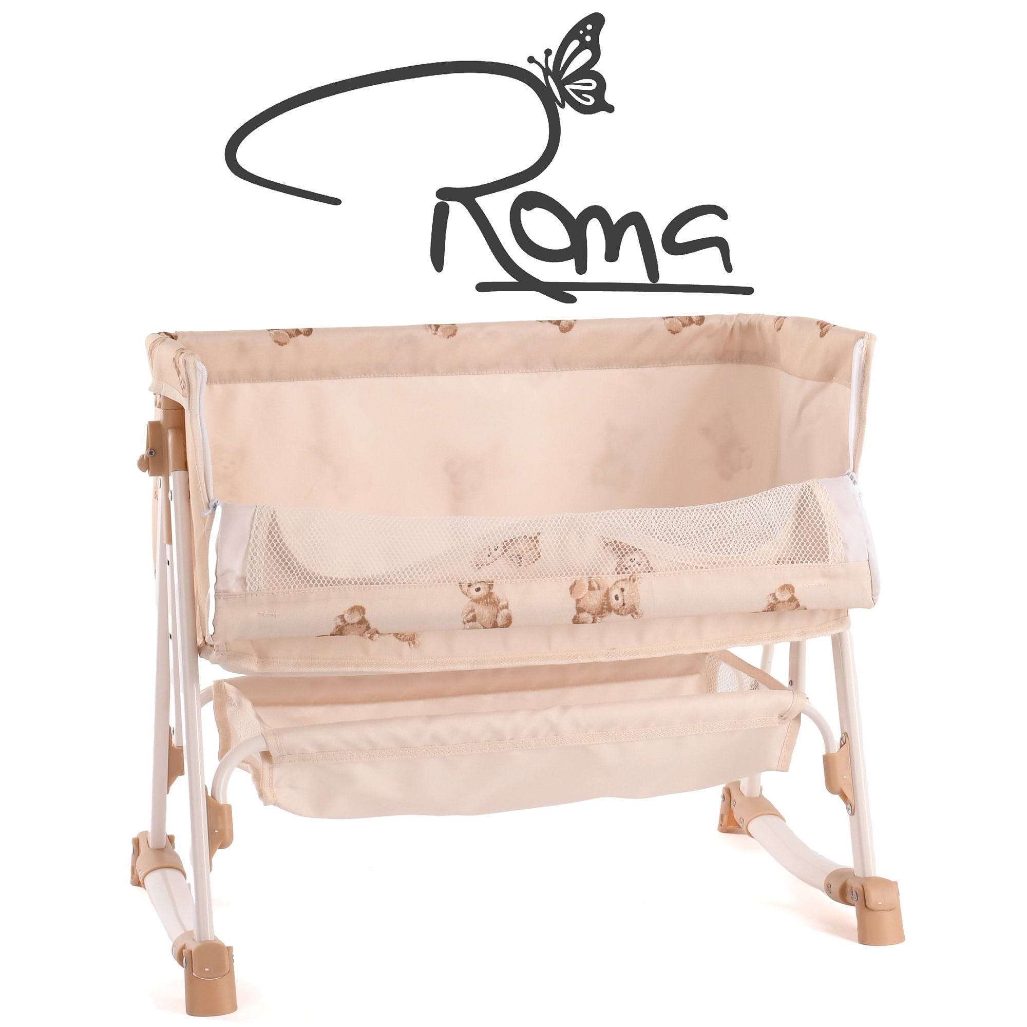 Roma Prams: Teddy Doll Bedside Crib - Beige & Bear, Rocking & Stationary, Bedtime Accessory, Adjustable Station Height, Storage, Roleplay Toy, Kids 3+