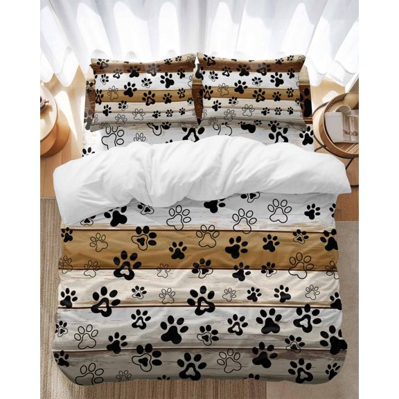 Farmhouse Dog Bedding Duvet Cover Set Queen Size 4 Pieces Paw Vintage Brown Wooden Board Bedding Set with Zipper Closure, 1 Comforter Cover 90x92 Inches 1 Flat Sheet & 2 Pillow Cases