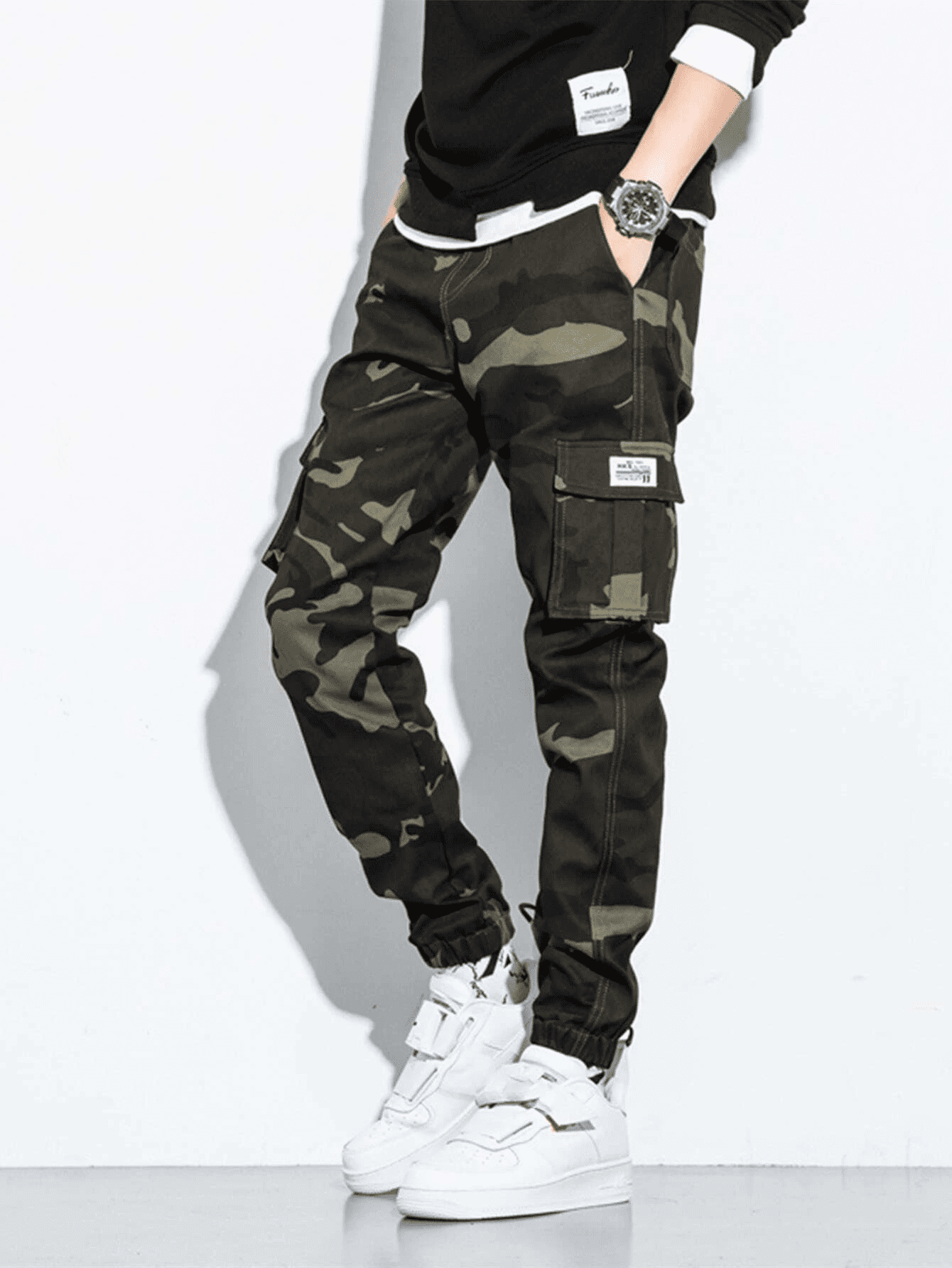 MJNONG Men Camo Flap Pocket Cargo Pants 