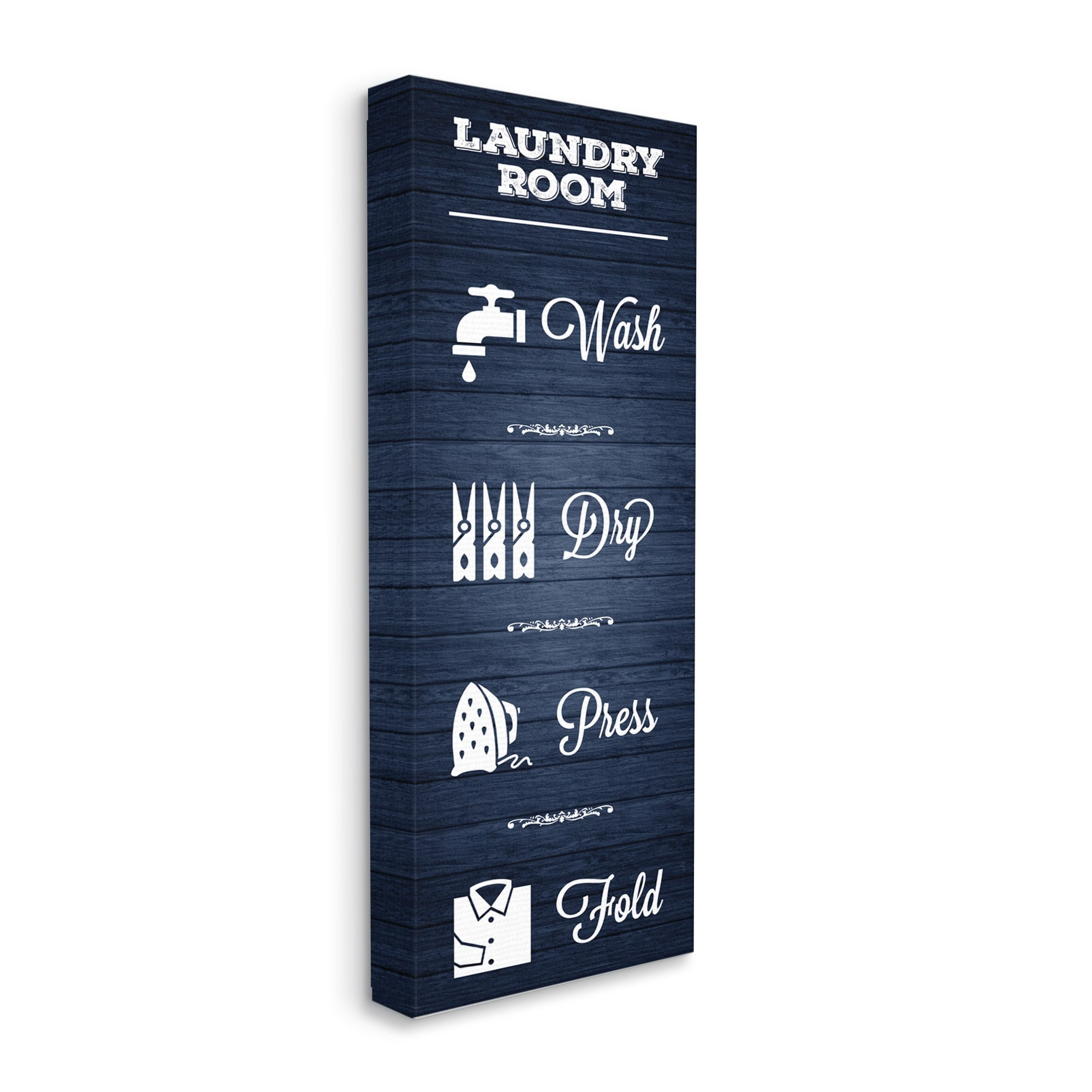 Stupell Industries Laundry Room Rules Sign Blue Grain Pattern Calligraphy Canvas Wall Art, 13 x 30, Design by Melody Hogan
