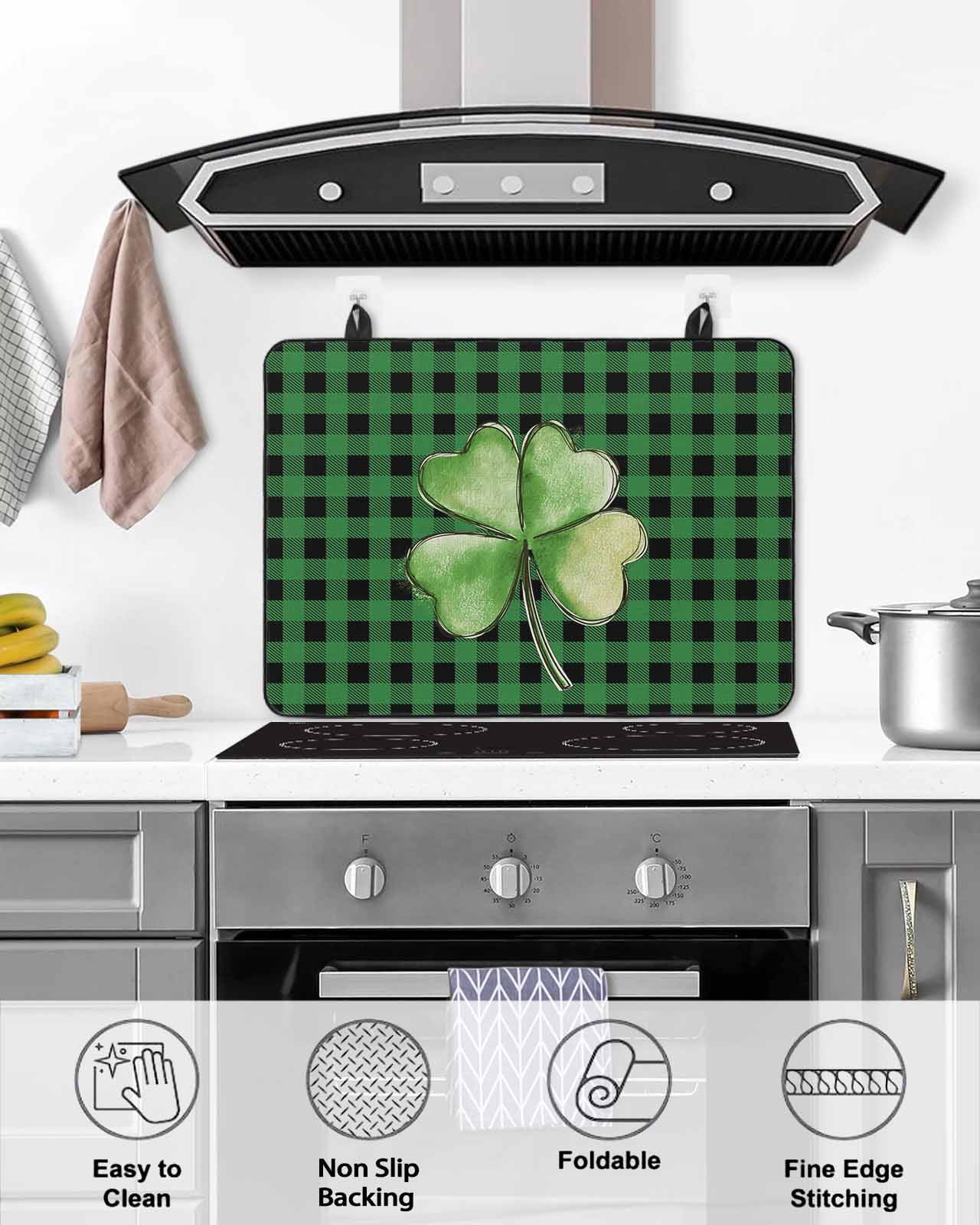 Large Induction Cooktop Protector Mat St. Patrick's Day Stove Top Covers for Electric Stove, Spring Lucky Shamrock Green Buffalo Plaid Decorative Stove Burner Cover Mats, Glass Top Stove Cover