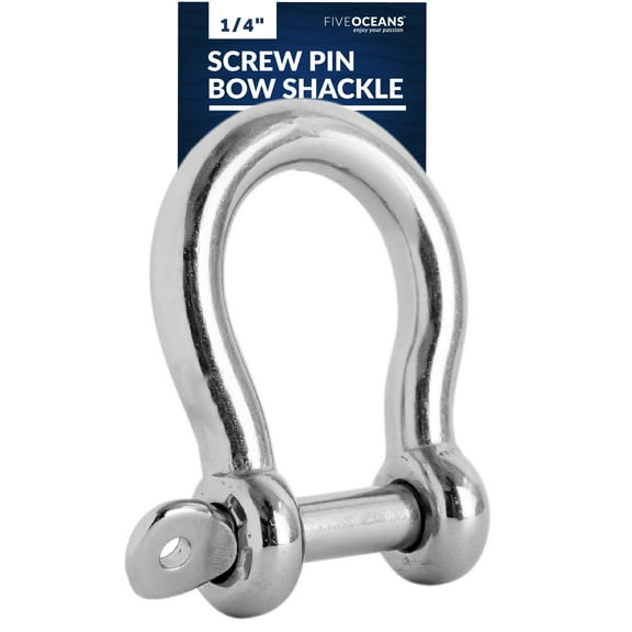 Five Oceans Screw Pin Anchor Bow Shackle 1/4 inches, Heavy Duty Stainless Steel, Self Locking with Captive Pin FO3676