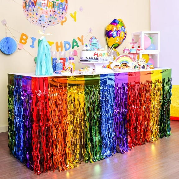 Rainbow Party Decorations, 2 Pack Wavy Metallic Tinsel Foil Fringe Table Skirts, Perfect Table Decors for Birthday Holiday Wedding Engagement Bridal Shower Pride Party Cartoon Party