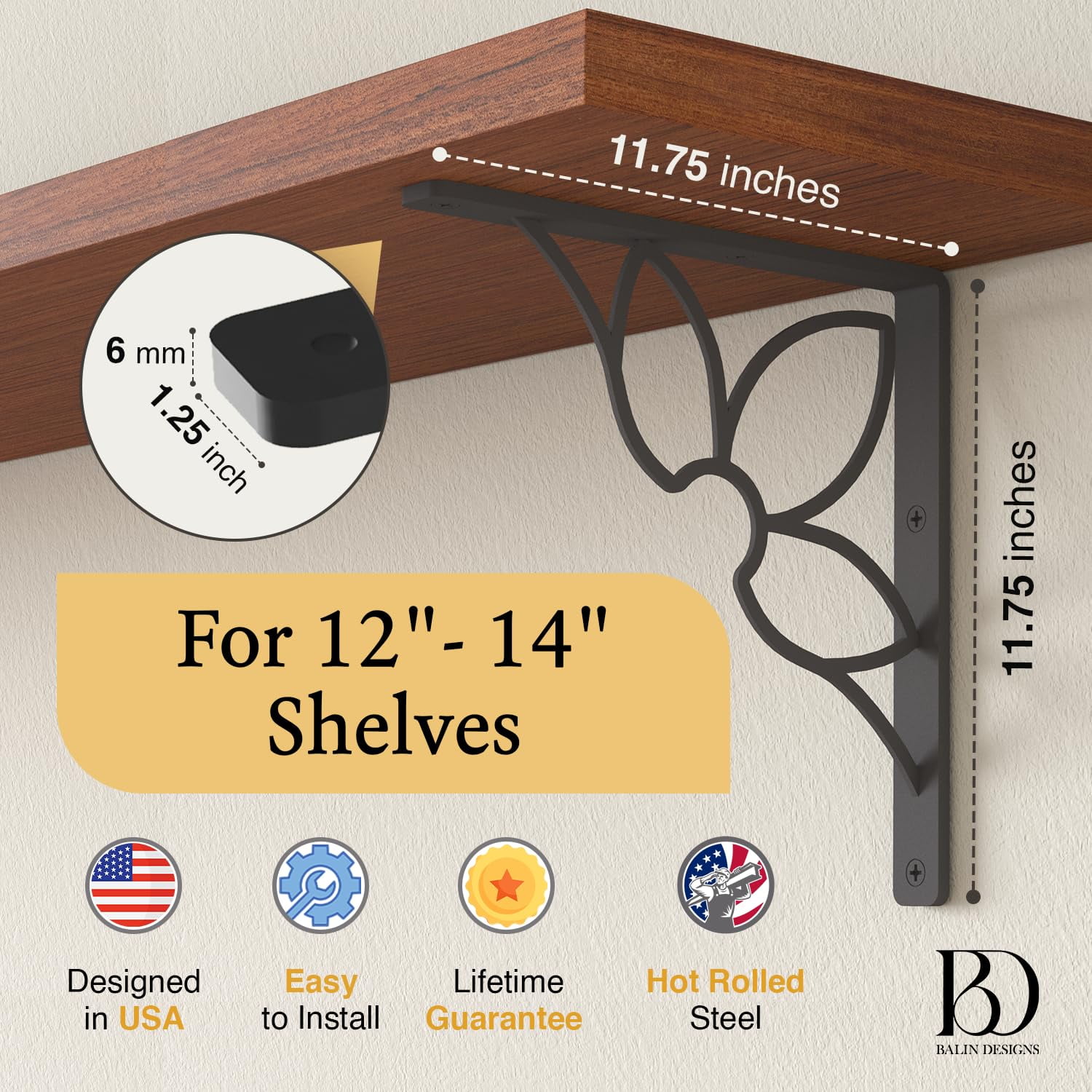 L Brackets by Balin Designs (Black) for 12"-14” Flower Style Shelves – Heavy Duty Decorative Metal Supports - Mantel Shelf - Easy Installation with Included Hardware - Set of 2
