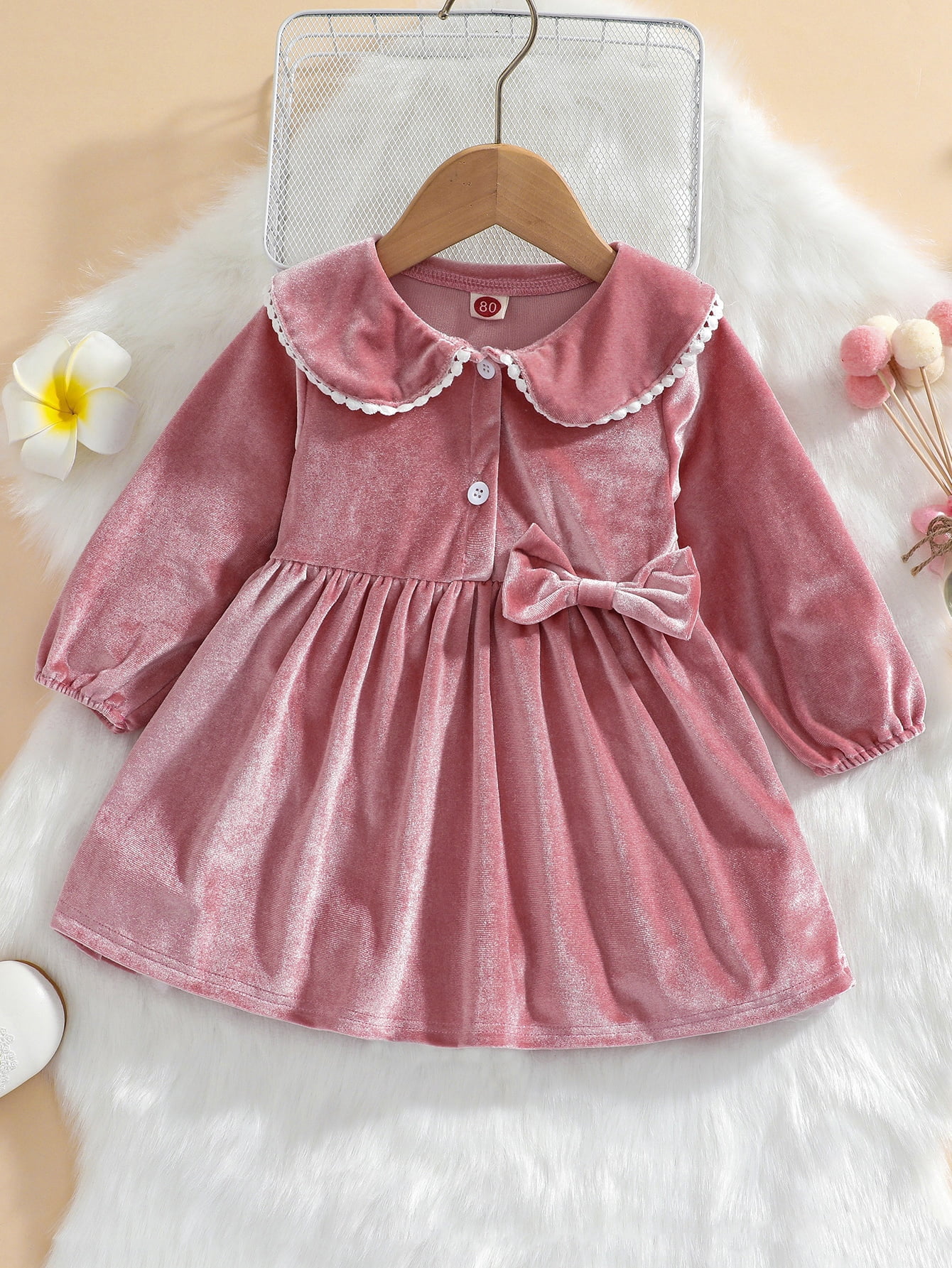 Dusty Pink Cute Baby Bow Front Velvet 