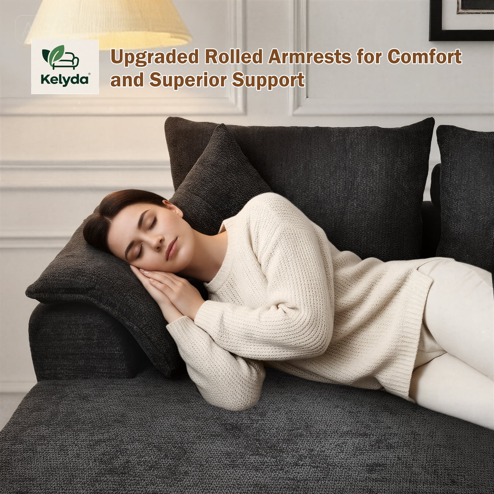 Kelyda 130'' Boneless Sectional Couch, Modern Chenille U Shaped Modular Cloud for Living Room Dark Grey