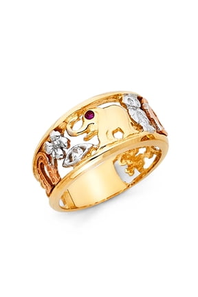 Elephant Owl Clover Horseshoe Ring Solid 14k Yellow White Rose Gold Lucky Charm Band Tri Color, Size 5.5