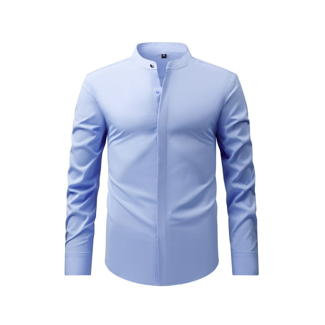 pstuiky camisa de manga larga para hombre, Camisa de negocios tipo cárdigan con cuello alto liso a la moda para hombre con botones camisetas de hombre l