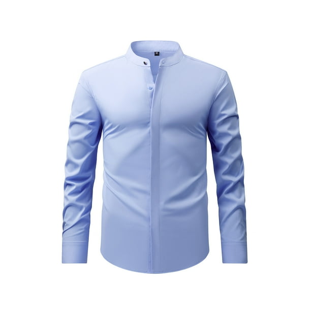 Blusa y camisa de cuello alto de manga larga para hombre, moda masculina, color liso, cuello alto, cárdigan, camisa de negocios, botones, blusa de poliéster para hombre