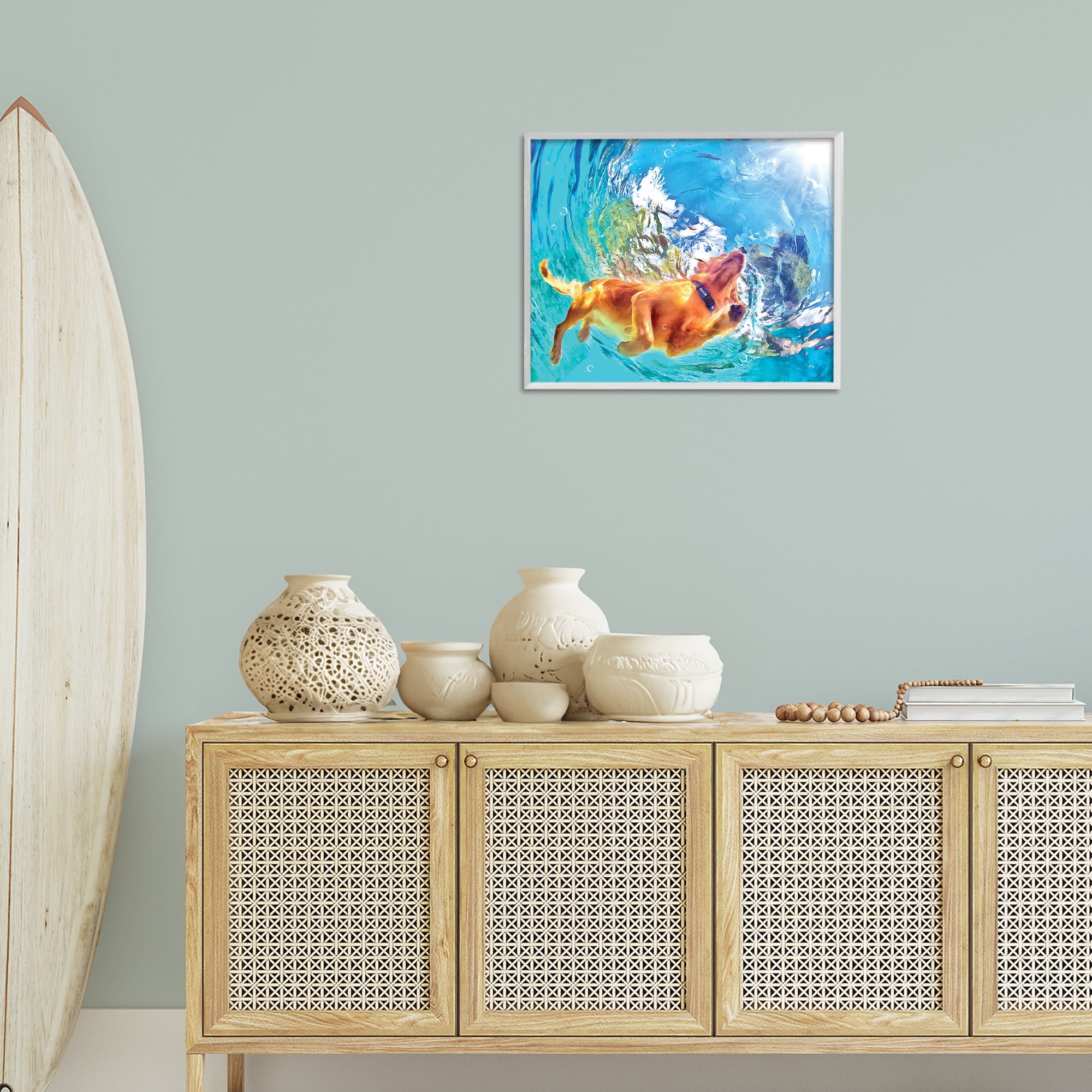 Stupell Industries Underwater Swimming Dog Animals & Insects Painting White Framed Art Print Wall Art, 20 x 16