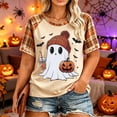 thumbnail image 2 of IYYVV Womens Fall Halloween Crew Neck Shirt Holiday Funny Pumpkin Ghost Graphic Tee Casual Short Sleeve Autumn Tops Yellow 3XL, 2 of 6