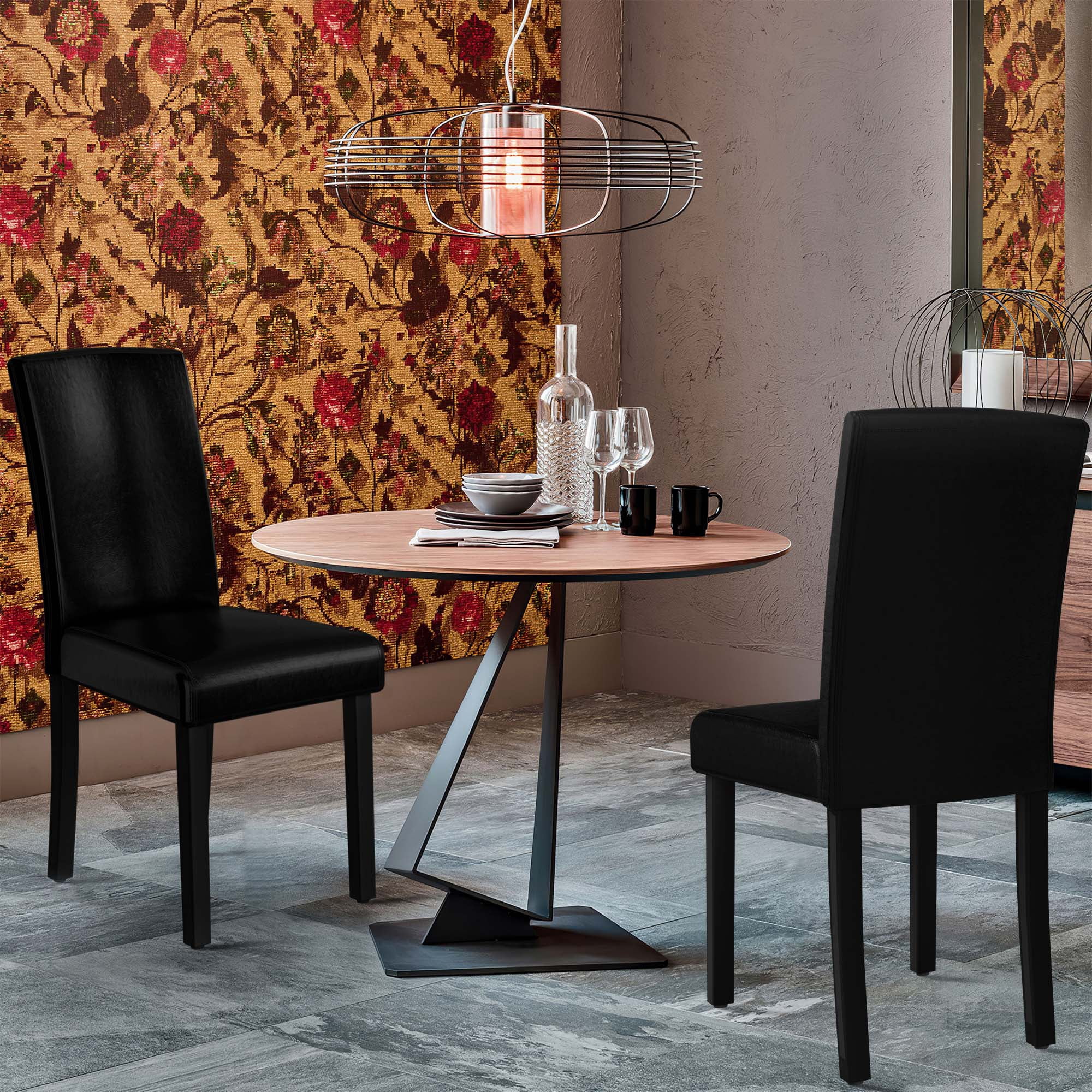 Set of 2 PU Dining Chairs Small Dining Chair with Wood Legs for Office Home,Black