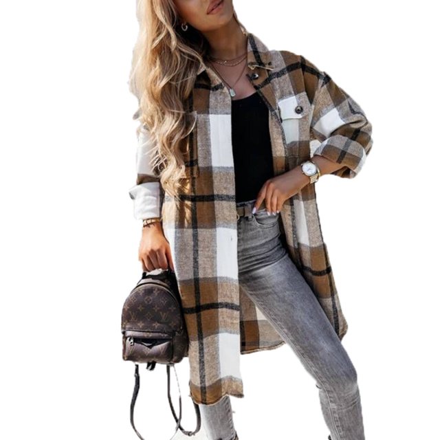Ladies Autumn Winter Casual Oversized Shirt Jacket Button Coat Warm Long Sleeve Blouse Checked Jacket