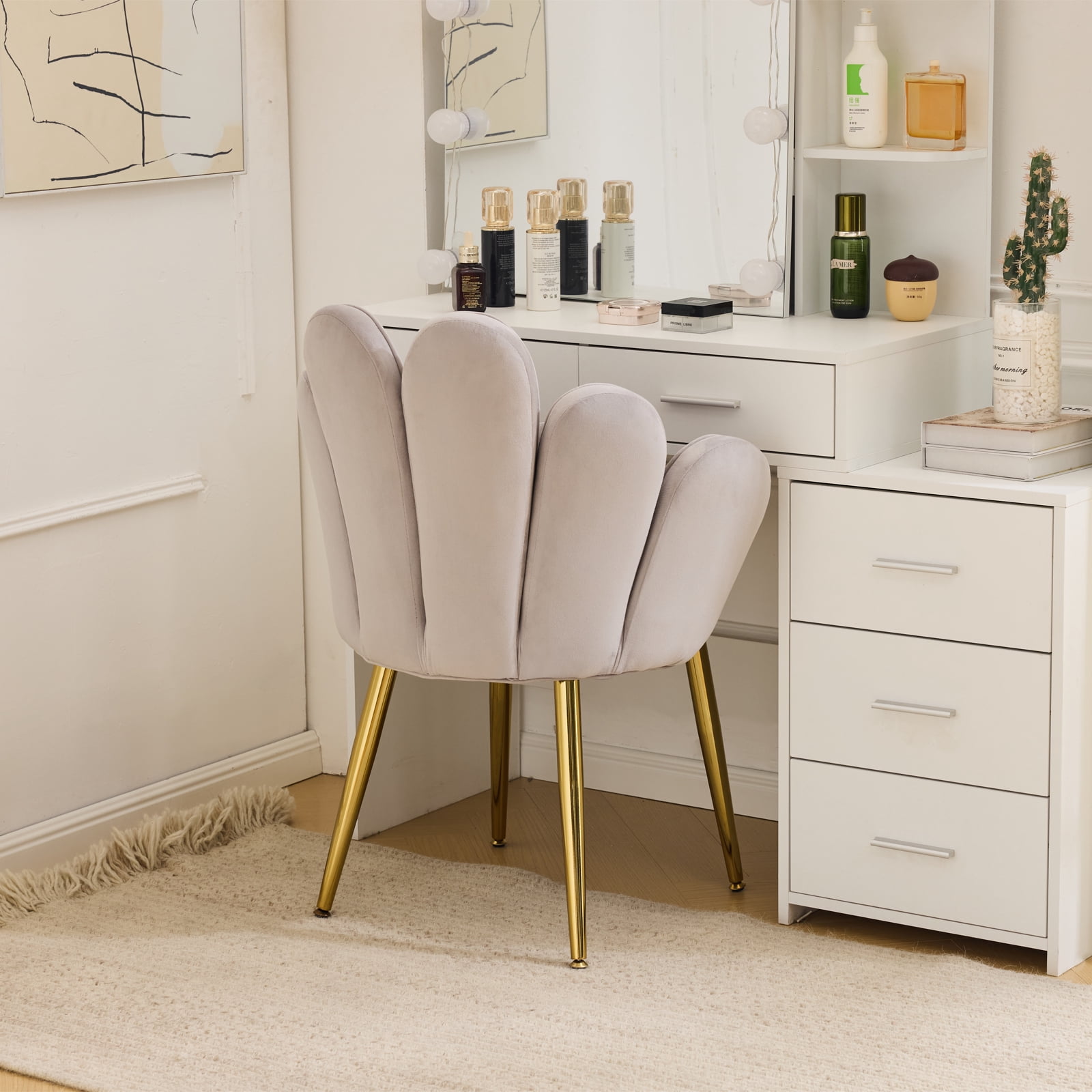 Ktaxon Vanity Makeup Chair Comfy Accent Chair Small Office Chair with Flower Back and Lumbar Pillow for Living Dining Room Bedroom Home Office Velvet Light Gray