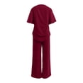 thumbnail image 4 of Cagogo Women Plus Size 2 Piece Set Round Neck Short Sleeve Tops Wide Leg Pants Solid Basic Casual Elegant Lounge Outfits Summer Matching Tracksuits Travel Airport Clothes, Wine M, 4 of 6