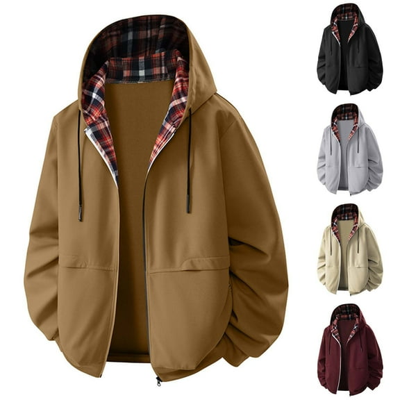 Hinvhai Men's Checkered Splicing Long Sleeved Zipper Cardigan Hooded Top Jacket Wine XL(XL)