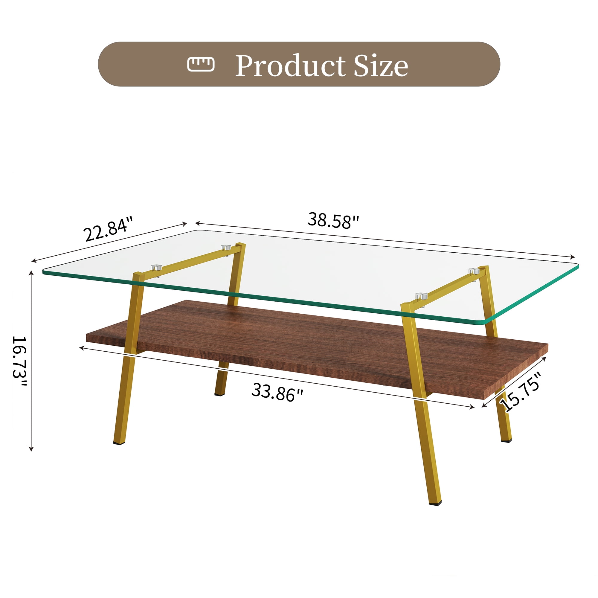 Miniyam Modern Glass Coffee Table for Living Room with Tempered Glass Top, MDF Storage Shelf and Metal Legs, Clear&Gold