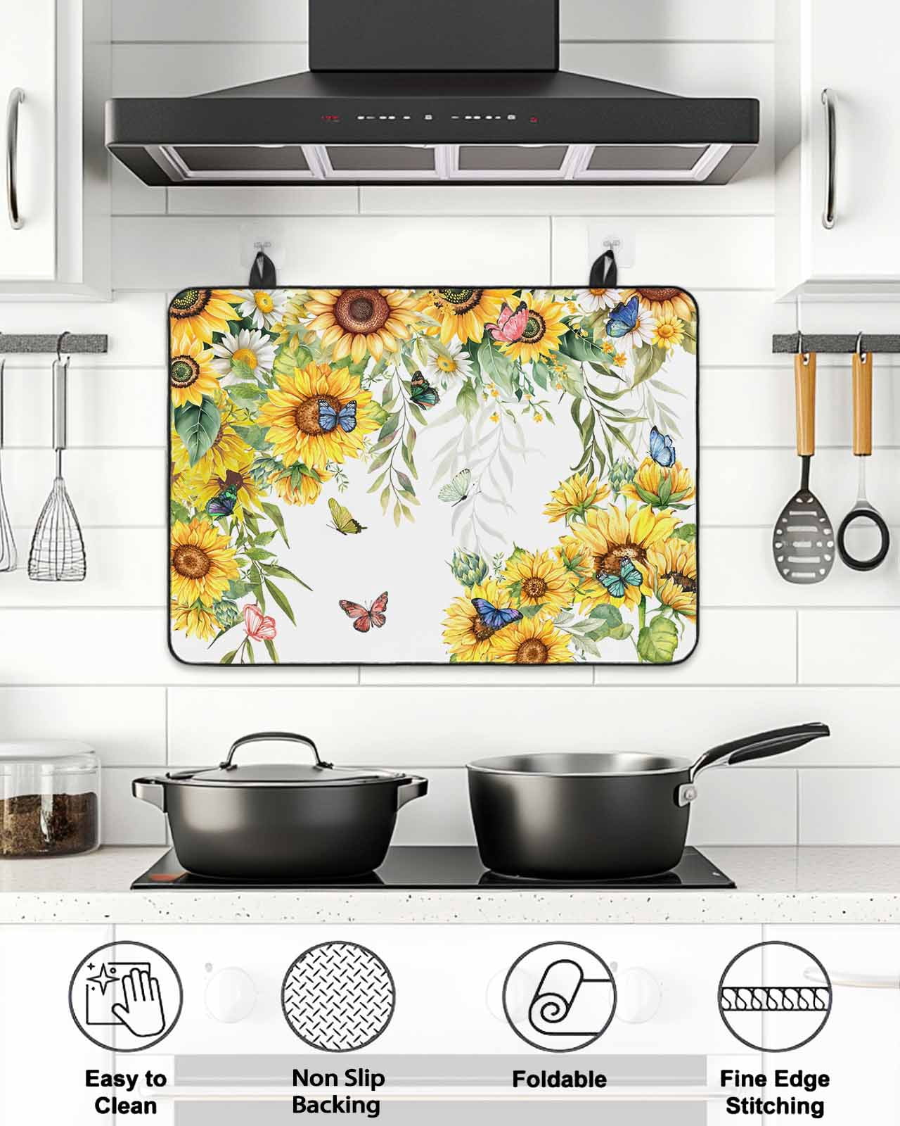 Stove Top Covers for Electric Stove, Sunflower Glass Stovetop Cover Protector, Summer Botanical Butterfly Watercolor Induction Cooktop Protector Oven Mat for Kitchen Countertop 24"x21"