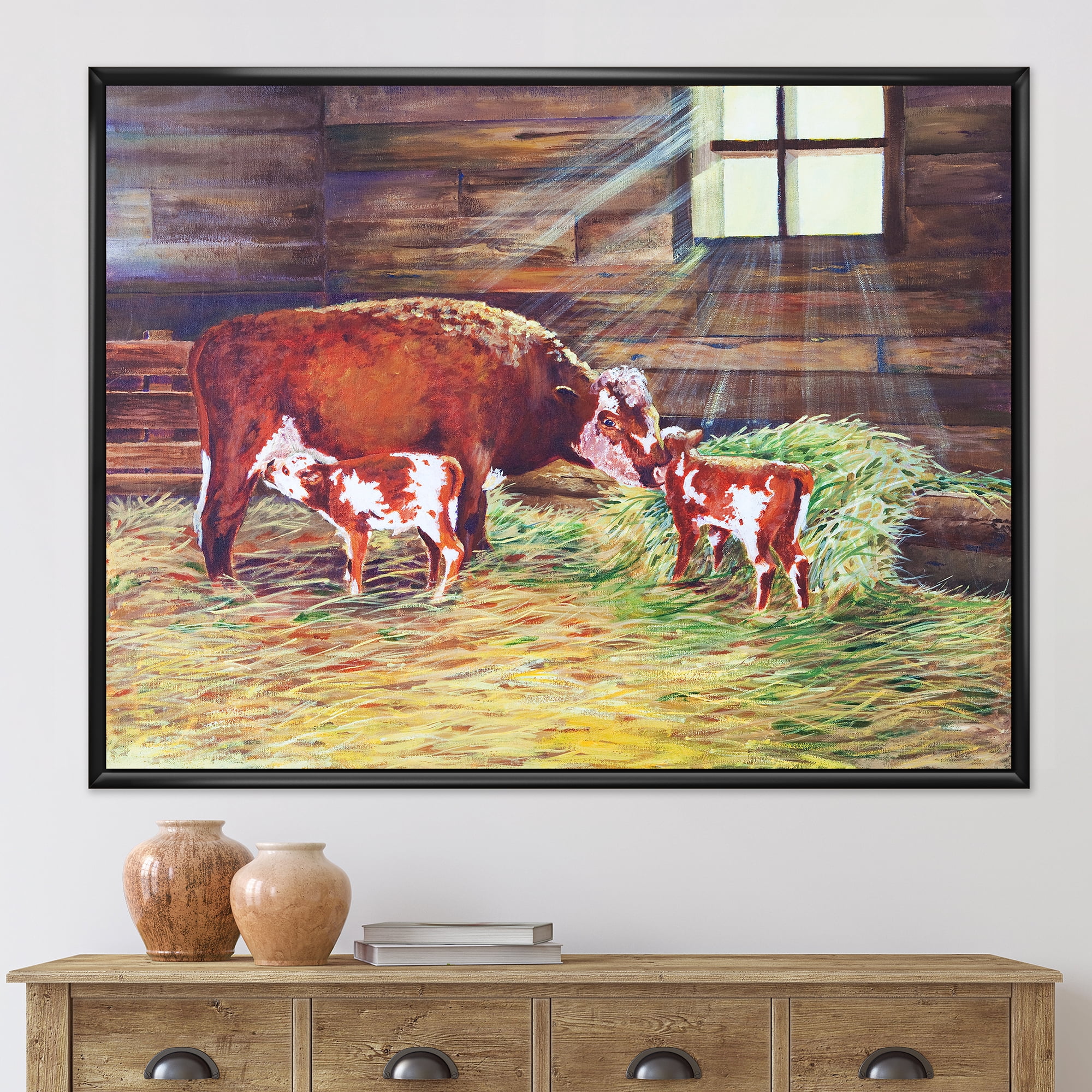 Designart 'Newborn Twin Calves With Cow At The Farm' Farmhouse Framed Canvas Wall Art Print