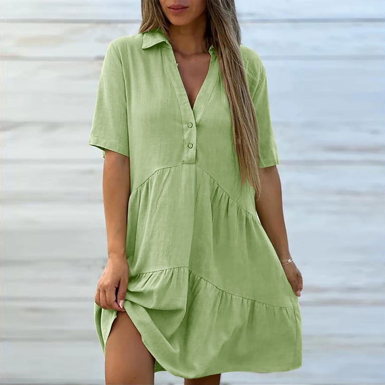 Gamivast Dresses for Women Linen Collared V-Neck Short Sleeve Tiered Mini Dress Casual Loose Fit Babydoll Swing Dress Flowy Summer Vacation Sundress