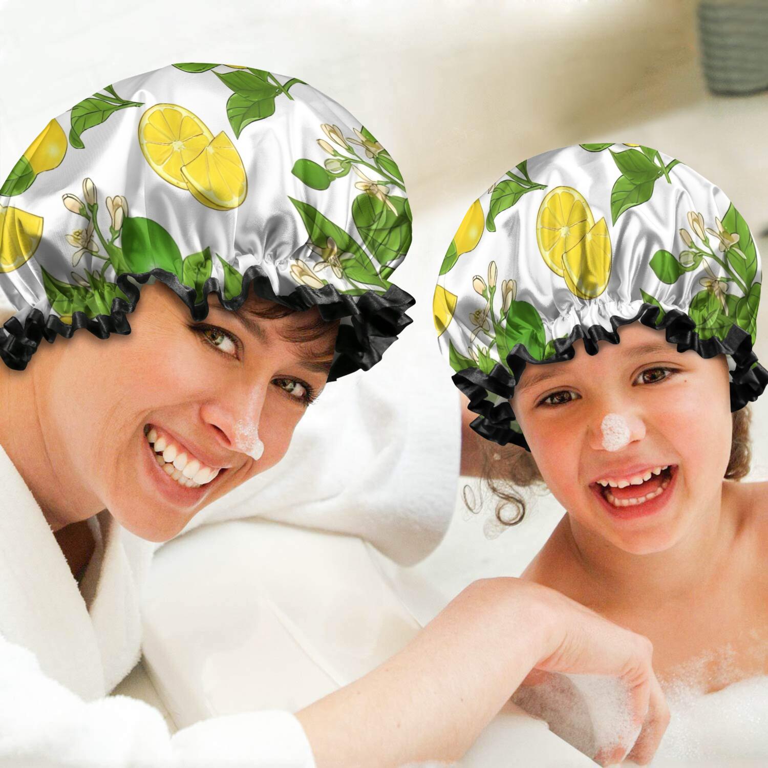 Shower Caps,Yellow Lemon Fruit Limes White Pattern Waterproof Shower Cap for Women 4 Pieces,Double Reusable Hair Cover for Shower PEVA Elastic Stretch Hem