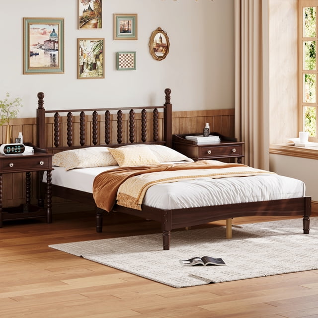 Lit Plateforme en Bois Format Grand avec Tête de Lit en Forme de Gourde, Lit Plateforme Style Rétro avec Lattes de Bois, Noyer