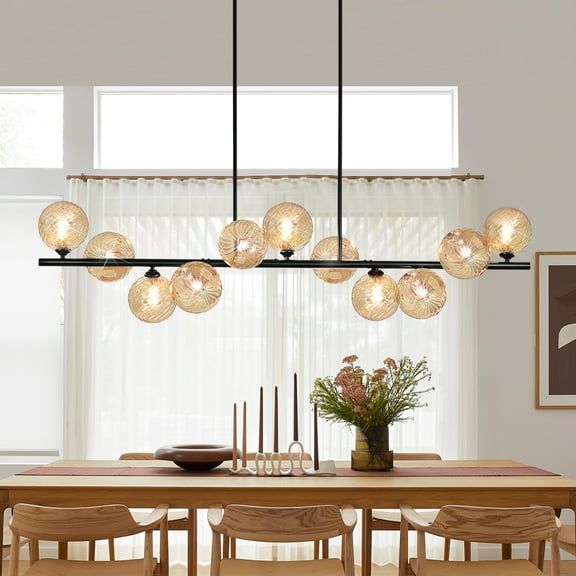 Lzawvm Linear Chandelier for Dining Room with Amber Swirled Glass Globe Dining Room Light Fixture 11-Lights Pendant Lights Kitchen Island for Living Room Sputnik Black 51inch