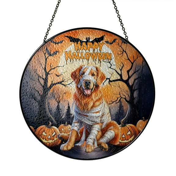 Mummy Golden Retriever Happy Halloween with Pumpkins Bats Spooky Fun Stained Glass Suncatcher Goldens Dog Lover Gifts Idea Window Hanging Sign Decor - 00019