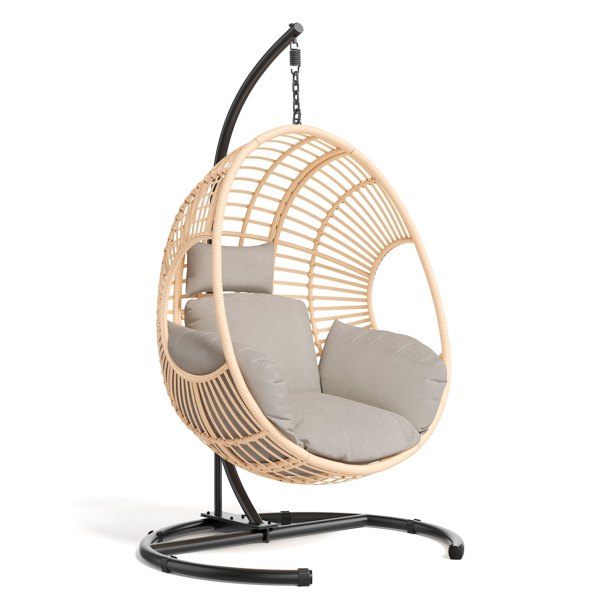 Extra Wide Hanging Egg Chair with U Base & Stand, 400 lb Capacity Patio Swing Chair with 8-Inch Thick Cushion, Weatherproof PE Rattan + Waterproof Cover for Garden, Natural